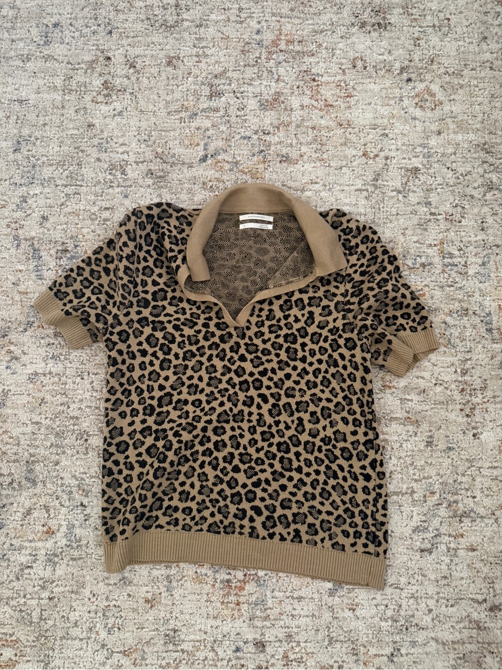 Anthropologie Leopard Print Short-Sleeve Polo Sweater in Tan and Black